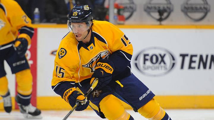 Sep 20, 2015; Nashville, TN, USA; Nashville Predators center Craig Smith (15) skates with the puck during the first period against the Florida Panthers at Bridgestone Arena. Mandatory Credit: Christopher Hanewinckel-USA TODAY Sports Sep 20, 2015; Nashville, TN, USA; Nashville Predators center Craig Smith (15) skates with the puck during the first period against the Florida Panthers at Bridgestone Arena. Mandatory Credit: Christopher Hanewinckel-USA TODAY Sports