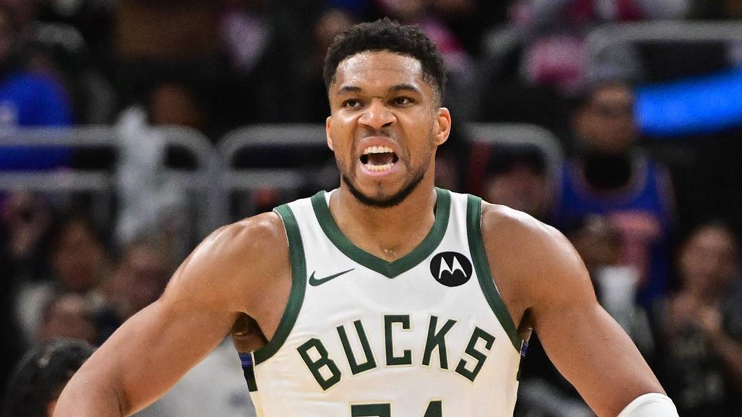 Oct 28, 2025; Milwaukee, Wisconsin, USA;  Milwaukee Bucks forward Giannis Antetokounmpo (34) reacts after scoring a basket in the 3rd quarter against the New York Knicks at Fiserv Forum. Mandatory Credit: Benny Sieu-Imagn Images