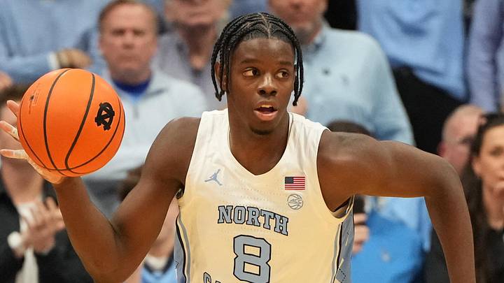 Feb 7, 2026; Chapel Hill, North Carolina, USA; North Carolina Tar Heels forward Caleb Wilson (8) with the ball in the second half at Dean E. Smith Center. Mandatory Credit: Bob Donnan-Imagn Images