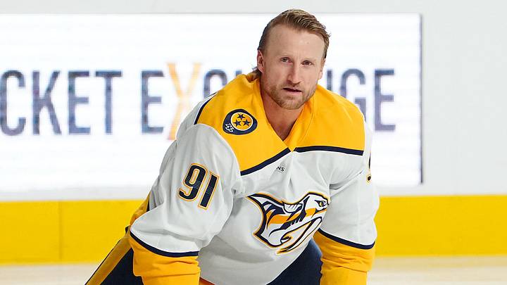 Dec 31, 2025; Las Vegas, Nevada, USA; Nashville Predators center Steven Stamkos (91) warms up before the start of a game against the Vegas Golden Knights at T-Mobile Arena. Mandatory Credit: Stephen R. Sylvanie-Imagn Images