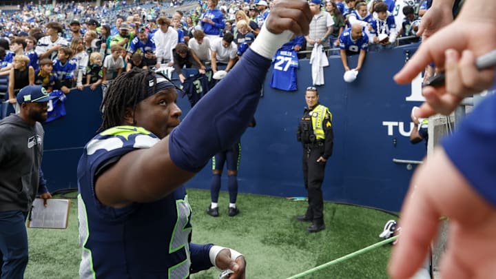 Sep 22, 2024; Seattle, Washington, USA; Seattle Seahawks linebacker Boye Mafe (53) walks to the locker room following a victory against the Miami Dolphins at Lumen Field. Sep 22, 2024; Seattle, Washington, USA; Seattle Seahawks linebacker Boye Mafe (53) walks to the locker room following a victory against the Miami Dolphins at Lumen Field.