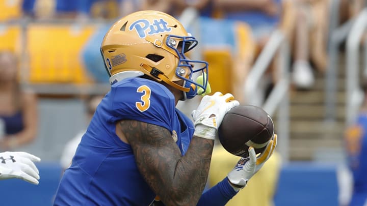 Aug 31, 2024; Pittsburgh, Pennsylvania, USA; Pittsburgh Panthers defensive back Donovan McMillon (3) intercepts a Kent State Golden Flashes pass during the second quarter at Acrisure Stadium. Mandatory Credit: Charles LeClaire-Imagn Images Aug 31, 2024; Pittsburgh, Pennsylvania, USA; Pittsburgh Panthers defensive back Donovan McMillon (3) intercepts a Kent State Golden Flashes pass during the second quarter at Acrisure Stadium. Mandatory Credit: Charles LeClaire-Imagn Images