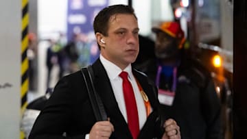 Feb 11, 2024; Paradise, Nevada, USA; Kansas City Chiefs general manager Brett Veach arrives before Super Bowl LVIII against the San Francisco 49ers at Allegiant Stadium. Mandatory Credit: Mark J. Rebilas-USA TODAY Sports