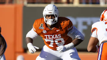 Dec 21, 2024; Austin, Texas, USA; Texas Longhorns offensive lineman Kelvin Banks Jr. (78) against the Clemson Tigers during the CFP National playoff first round at Darrell K Royal-Texas Memorial Stadium. Mandatory Credit: Mark J. Rebilas-Imagn Images