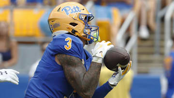 Aug 31, 2024; Pittsburgh, Pennsylvania, USA;  Pittsburgh Panthers defensive back Donovan McMillon (3) intercepts a Kent State Golden Flashes pass during the second quarter at Acrisure Stadium. Mandatory Credit: Charles LeClaire-Imagn Images