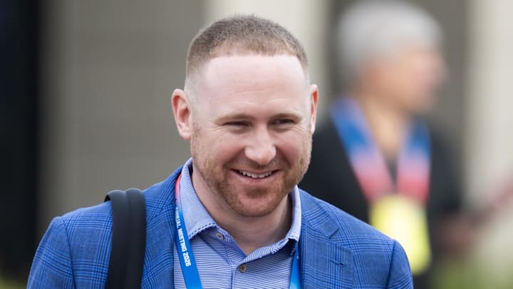 Mar 31, 2026; Phoenix, AZ, USA; Buffalo Bills head coach Joe Brady during the 2026 NFL Annual League Meeting at the Arizona Biltmore. Mandatory Credit: Mark J. Rebilas-Imagn Images