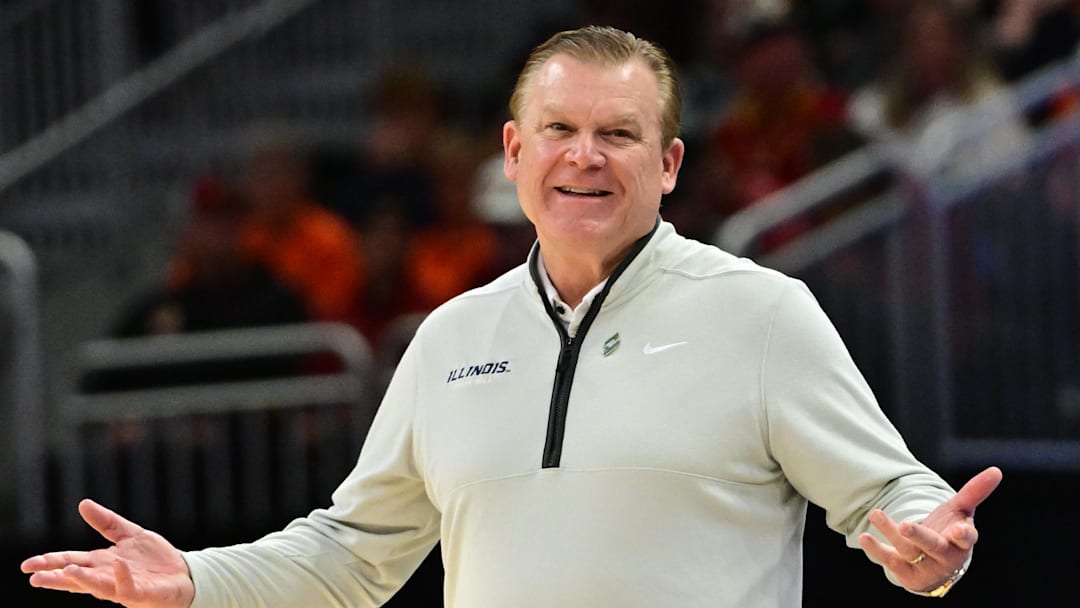 Mar 23, 2025; Milwaukee, WI, USA; Illinois Fighting Illini head coach Brad Underwood reacts during the second half in the second round of the NCAA Tournament against the Kentucky Wildcats at Fiserv Forum. Mandatory Credit: Benny Sieu-Imagn Images Mar 23, 2025; Milwaukee, WI, USA; Illinois Fighting Illini head coach Brad Underwood reacts during the second half in the second round of the NCAA Tournament against the Kentucky Wildcats at Fiserv Forum. Mandatory Credit: Benny Sieu-Imagn Images