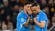 Matteo Politano and Stanislav Lobotka of SSC Napoli talk...