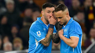 Matteo Politano and Stanislav Lobotka of SSC Napoli talk...