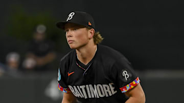 Sep 20, 2024; Baltimore, Maryland, USA;  Baltimore Orioles second base Jackson Holliday (7) looks into home plate during the first inning against the Detroit Tigers at Oriole Park at Camden Yards. Mandatory Credit: Tommy Gilligan-Imagn Images