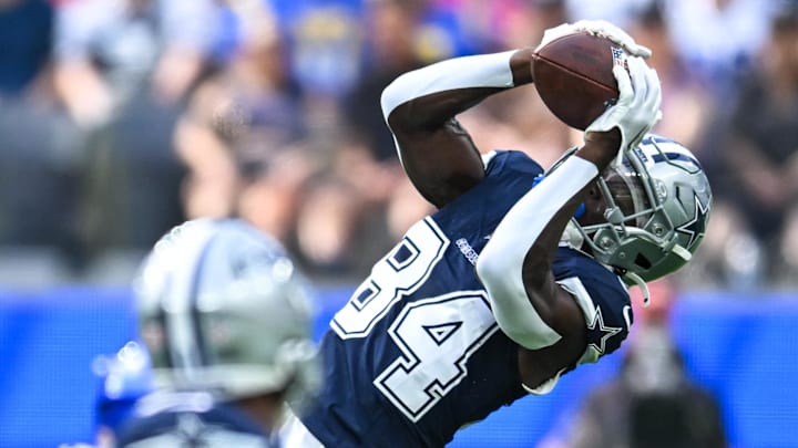 Aug 11, 2024; Inglewood, California, USA; Dallas Cowboys wide receiver Kelvin Harmon (84) makes a catch against the Los Angeles Rams during the fourth quarter at SoFi Stadium. Mandatory Credit: Jonathan Hui-Imagn Images