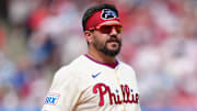 Apr 19, 2025; Philadelphia, Pennsylvania, USA; Philadelphia Phillies designated hitter Kyle Schwarber (12) looks on against the Miami Marlins in the seventh inning at Citizens Bank Park