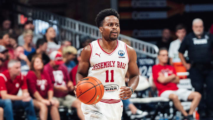 Yogi Ferrell dribbles the ball up the court during Assembly Ball's win over The Cru in The Basketball Tournament at Hinkle Fieldhouse.