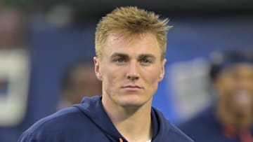 Dec 19, 2024; Inglewood, California, USA;  Denver Broncos quarterback Bo Nix (10) warms up prior to the game against the Los Angeles Chargers at SoFi Stadium. Mandatory Credit: Jayne Kamin-Oncea-Imagn Images