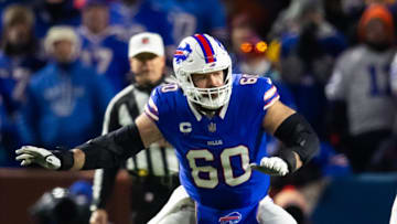 Jan 21, 2024; Orchard Park, New York, USA; Buffalo Bills center Mitch Morse (60) against the Kansas
