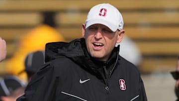 Nov 23, 2024; Berkeley, California, USA; Stanford Cardinal head coach Troy Taylor walks on the field before the game against the California Golden Bears at California Memorial Stadium. Mandatory Credit: Darren Yamashita-Imagn Images
