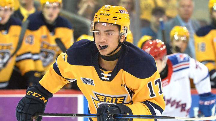 Erie Otters forward Malcolm Spence skates during an Ontario Hockey League Western Conference quarterfinal game against the Kitchener Rangers at Erie Insurance Arena in Erie on April 2, 2024. Erie Otters forward Malcolm Spence skates during an Ontario Hockey League Western Conference quarterfinal game against the Kitchener Rangers at Erie Insurance Arena in Erie on April 2, 2024.