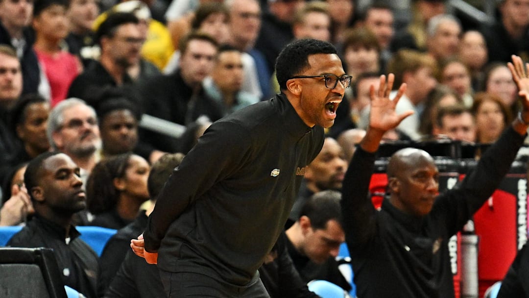 Mar 20, 2026; St. Louis, MO, USA; Miami (FL) Hurricanes head coach Jai Lucas reacts during the first half against Missouri Tigers during a first round game of the men's 2026 NCAA Tournament at Enterprise Center. Mandatory Credit: Jeff Le-Imagn Images