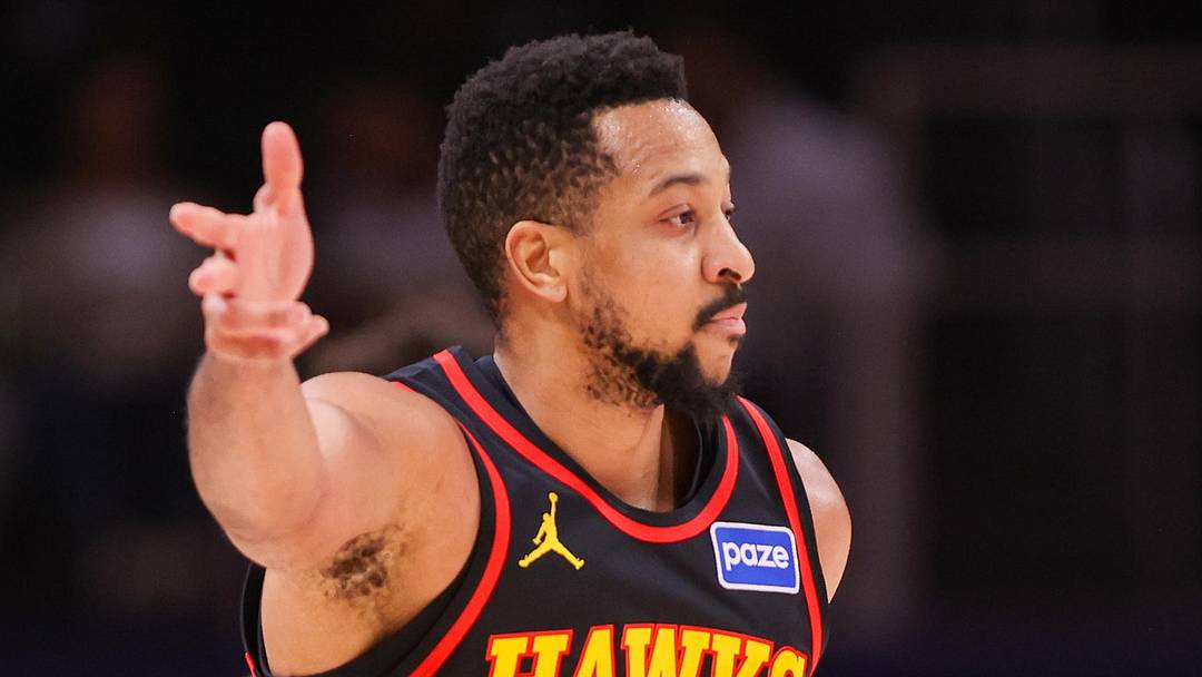 Atlanta Hawks guard CJ McCollum (3) reacts after a basket against the Miami Heat in the second quarter at State Farm Arena on February 20, 2026.