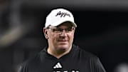 Nov 16, 2024; College Station, Texas, USA; Texas A&M Aggies head coach Mike Elko walks on the field prior to the game against the New Mexico State Aggies at Kyle Field. Mandatory Credit: Maria Lysaker-Imagn Images 