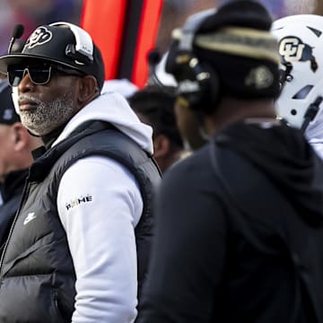 Nov 23, 2024; Kansas City, Missouri, USA;  Kansas head coach Lance Leipold during the Colorado head coach Deion Sanders watches the run of play during the 2nd quarter between the Kansas Jayhawks and the Colorado Buffaloes at GEHA Field at Arrowhead Stadium.