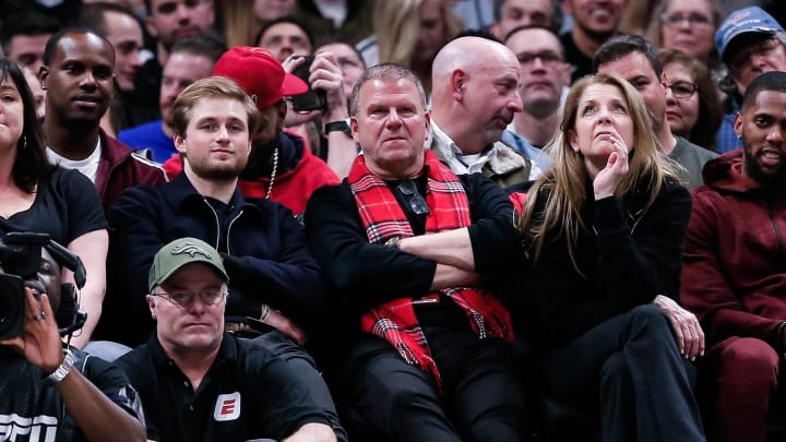 Feb 1, 2019; Denver, CO, USA; Houston Rockets owner Tilman Fertitta (center) sits with his son Patrick (left) and wife Paige (right) in the fourth quarter of the game against the Denver Nuggets at the Pepsi Center. Mandatory Credit: Isaiah J. Downing-USA TODAY Sports