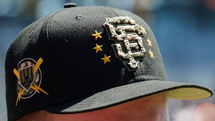 May 19, 2024; San Francisco, California, USA; A baseball cap celebrating armed forces weekend is seen before the game between the San Francisco Giants and the Colorado Rockies at Oracle Park. 