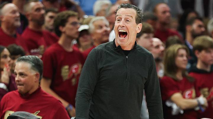 May 23, 2026; Cleveland, Ohio, USA; Cleveland Cavaliers head coach Kenny Atkinson reacts in the second quarter against the New York Knicks during game three of the eastern conference finals for the 2026 NBA playoffs at Rocket Arena. Mandatory Credit: Scott Galvin-Imagn Images