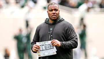 Michigan State assistant head coach Keith Bhonapha looks on during the Spring Showcase on Saturday, April 20, 2024, at Spartan Stadium in East Lansing.