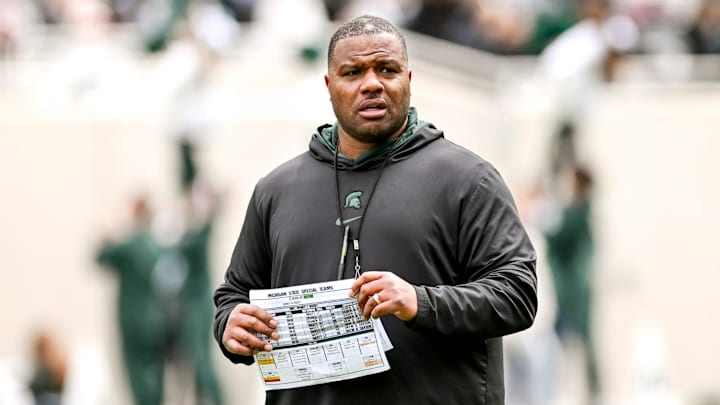 Michigan State assistant head coach Keith Bhonapha looks on during the Spring Showcase on Saturday, April 20, 2024, at Spartan Stadium in East Lansing. Michigan State assistant head coach Keith Bhonapha looks on during the Spring Showcase on Saturday, April 20, 2024, at Spartan Stadium in East Lansing.