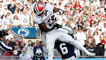 Nov 8, 2025; University Park, Pennsylvania, USA; Indiana Hoosiers wide receiver Omar Cooper Jr. (3) makes a catch in the end zone
