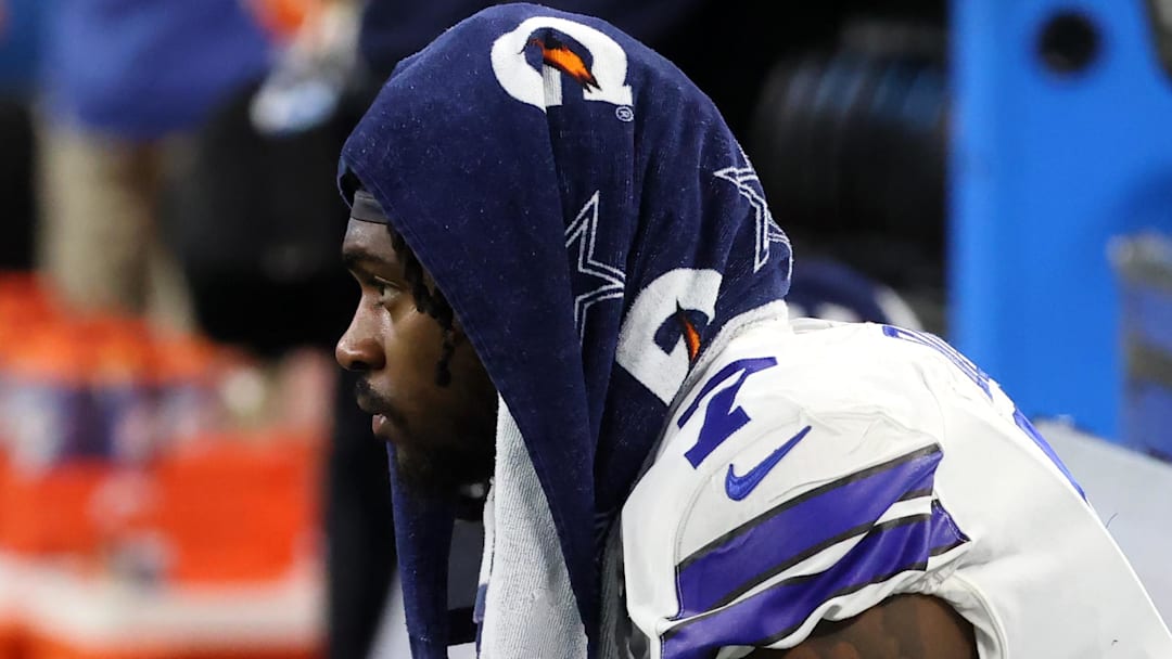 Jan 16, 2022; Arlington, Texas, USA; Dallas Cowboys cornerback Trevon Diggs (7) sits on the bench after being defeated by the San Francisco 49ers in the NFC Wild Card playoff football game at AT&T Stadium. Mandatory Credit: Kevin Jairaj-Imagn Images