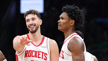 Nov 1, 2025; Boston, Massachusetts, USA; Houston Rockets forward Jabari Smith (10) and center Alperen Sengun (28)  celebrate during the second half against the Boston Celtics at TD Garden. Mandatory Credit: Paul Rutherford-Imagn Images