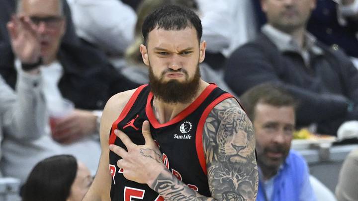 Apr 29, 2026; Cleveland, Ohio, USA; Toronto Raptors forward Sandro Mamukelashvili (54) celebrates his three-point basket against the Cleveland Cavaliers in the third quarter of game five of the first round of the 2026 NBA Playoffs at Rocket Arena. Mandatory Credit: David Richard-Imagn Images