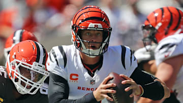 Cleveland Browns defensive end Myles Garrett (95) chases down Cincinnati Bengals quarterback Joe Burrow (9) during the first half of an NFL football game at Huntington Bank Field, Sept. 7, 2025, in Cleveland, Ohio.