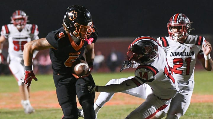 Jayvan Boggs of Cocoa shakes off Dunnellon tackler Damien Hemmings during their game in the FHSAA football playoffs Friday, November 17, 2023. Craig Bailey/FLORIDA TODAY via USA TODAY NETWORK