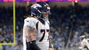 Dec 16, 2023; Detroit, Michigan, USA; Denver Broncos guard Quinn Meinerz (77) celebrates after scoring a touchdown.