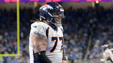 Dec 16, 2023; Detroit, Michigan, USA; Denver Broncos guard Quinn Meinerz (77) celebrates after scoring a touchdown.