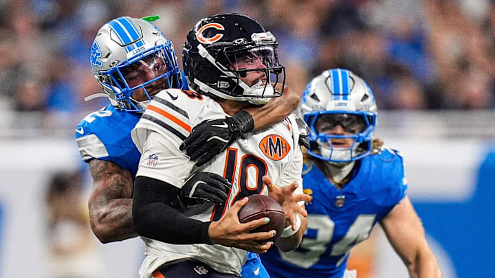 Detroit Lions safety Brian Branch sacks Chicago Bears quarterback Caleb Williams during the second half at Ford Field in Detroit on Sunday, Sept. 14, 2025. Detroit Lions safety Brian Branch sacks Chicago Bears quarterback Caleb Williams during the second half at Ford Field in Detroit on Sunday, Sept. 14, 2025.