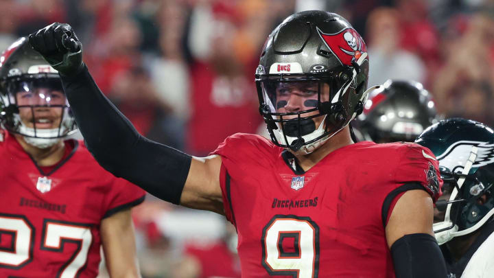 Jan 15, 2024; Tampa, Florida, USA; Tampa Bay Buccaneers linebacker Joe Tryon-Shoyinka (9) gestures after a play against the Philadelphia Eagles during the second half of a 2024 NFC wild card game at Raymond James Stadium. Mandatory Credit: Kim Klement Neitzel-USA TODAY Sports