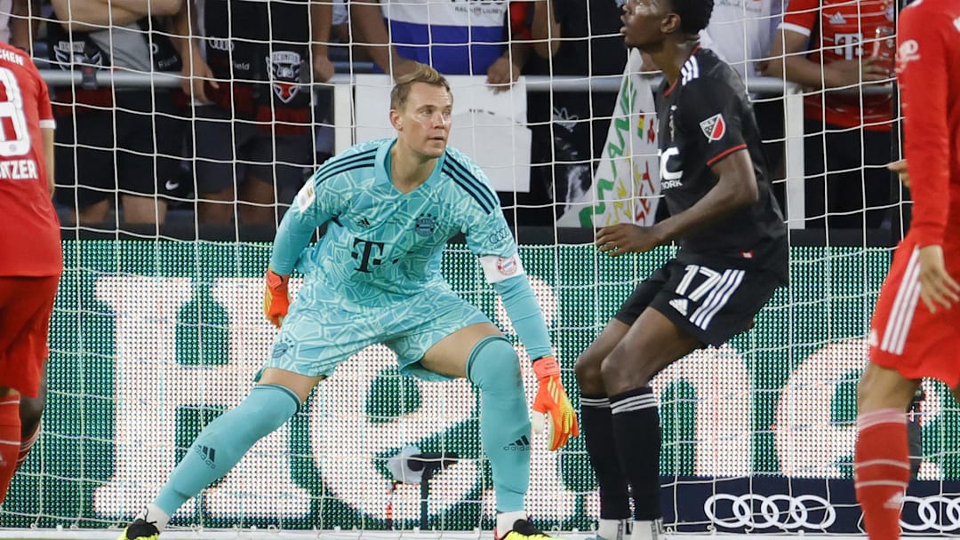 Jul 20, 2022; Washington, DC, USA; Bayern Munich goalkeeper Manuel Neuer (1) follows the ball next to against D.C. United at Audi Field. Mandatory Credit: Geoff Burke-Imagn Images