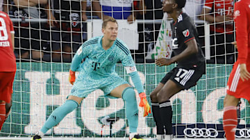 Jul 20, 2022; Washington, DC, USA; Bayern Munich goalkeeper Manuel Neuer (1) follows the ball next to against D.C. United at Audi Field. Mandatory Credit: Geoff Burke-Imagn Images