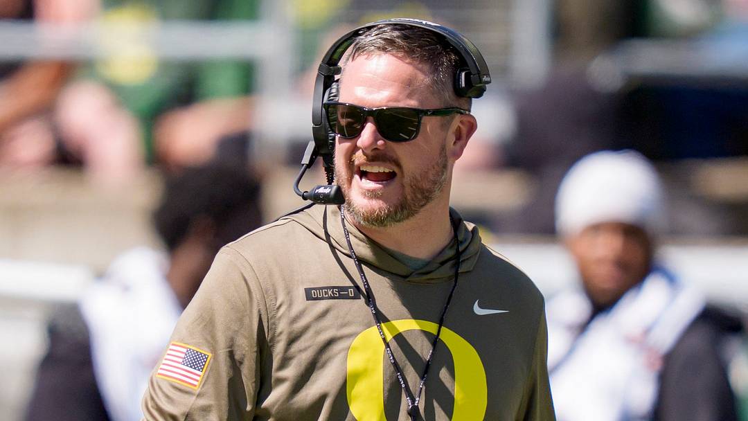Oregon head coach Dan Lanning walks the field during the Oregon Ducks annual spring game on April 25, 2026 at Autzen Stadium in Eugene, Oregon.