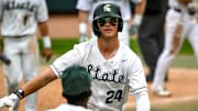 Michigan State's Sam Busch celebrates his home run against Ohio State during the fifth inning on Friday, April 18, 2025, at McLane Stadium in East Lansing.