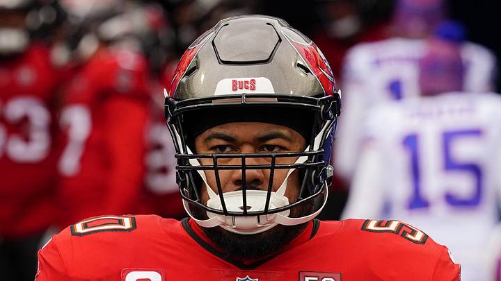 Nov 16, 2025; Orchard Park, New York, USA;  Tampa Bay Buccaneers defensive tackle Vita Vea (50) warms up prior to the game against the Buffalo Bills at Highmark Stadium. Mandatory Credit: Gregory Fisher-Imagn Images