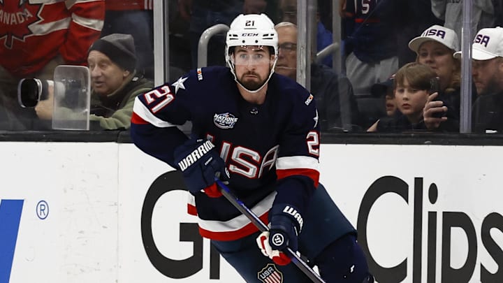 Feb 20, 2025; Boston, MA, USA; [Imagn Images direct customers only] United States forward Dylan Larkin (21) during the 4 Nations Face-Off ice hockey championship game against Canada at TD Garden. Mandatory Credit: Winslow Townson-Imagn Images