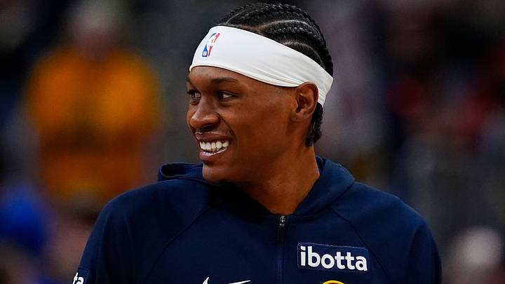 Mar 22, 2026; Denver, Colorado, USA; Denver Nuggets guard Peyton Watson (8) smiles before the game against the Portland Trail Blazers at Ball Arena. Mandatory Credit: Ron Chenoy-Imagn Images