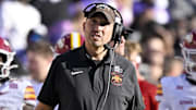 Nov 8, 2025; Fort Worth, Texas, USA; Iowa State Cyclones head coach Matt Campbell looks on during the first half against the TCU Horned Frogs at Amon G. Carter Stadium. 