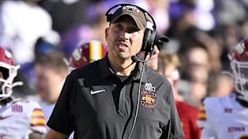 Nov 8, 2025; Fort Worth, Texas, USA; Iowa State Cyclones head coach Matt Campbell looks on during the first half against the TCU Horned Frogs at Amon G. Carter Stadium. 