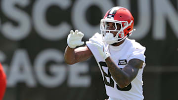 Browns wide receiver Matt Landers eyes a pass during minicamp, Wednesday, June 12, 2024, in Berea.